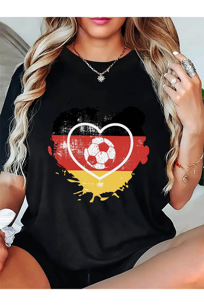 BASEPULSE Women's Germany Soccer Heart T-Shirt - Fan Apparel, Casual Round Ne...