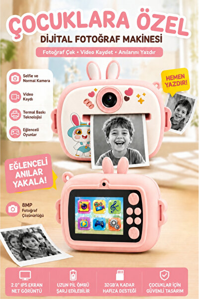 Toyaş Tavşan Temalı Çocuk Dijital Fotoğraf Makinesi Termal Baskılı Kamera Sel...