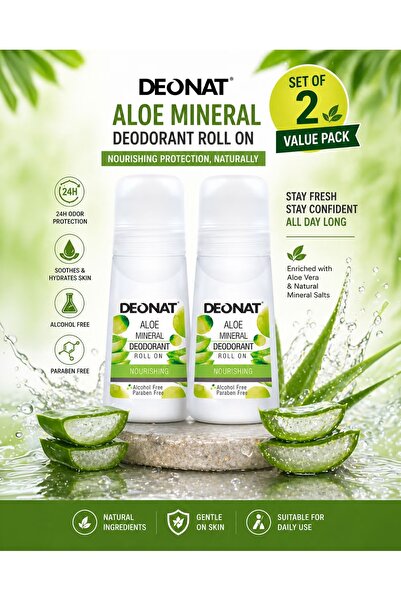 DEONAT Aloe Mineral Deodorant Roll On 65ml Pack of 2 with Aloe Vera Extract N...