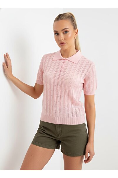 Arbucky Women's Buttoned Polo Collar Openwork Basic Knitwear Blouse