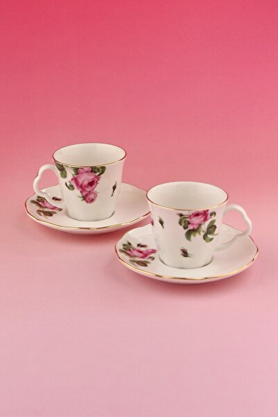 Bursa Porselen Dekor Pink Rose Gold Gilded Two-Person Porcelain Coffee Cup Set