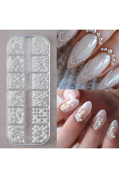 Choice1 Mix Round-Half Round 12 Grids 3D White Pearl Nail Charms 1.5-5mm Roun...