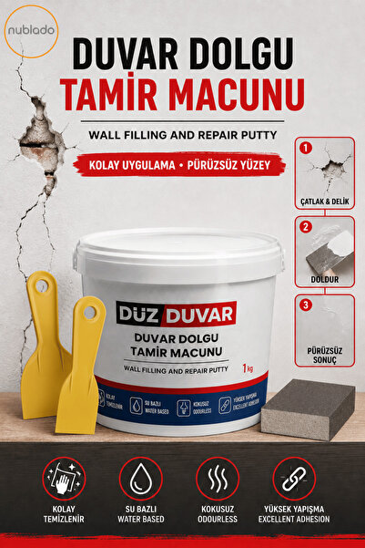 NUBLADO 1 KG Duvar Tamir Dolgu Macunu + 2 Adet Plastik Spatula + Kübik Zımpar...