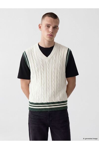 LC Waikiki Xside Ecru V-Neck Hair Knit Patterned Men's Knitwear Sweater