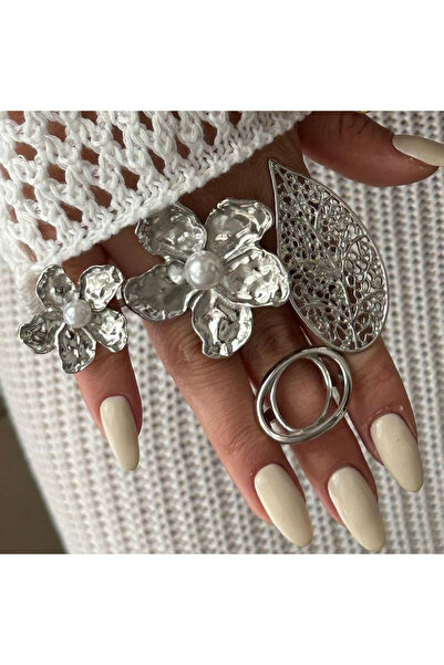 Choice AYA Silver 4Pcs/Set Vintage Irregular Pearl Flower Rings for Women Pun...