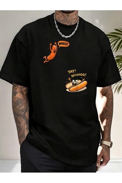 BASEPULSE Humorous Cartoon Print Featuring Hot Dogs Sausages on Casual Leeve ...