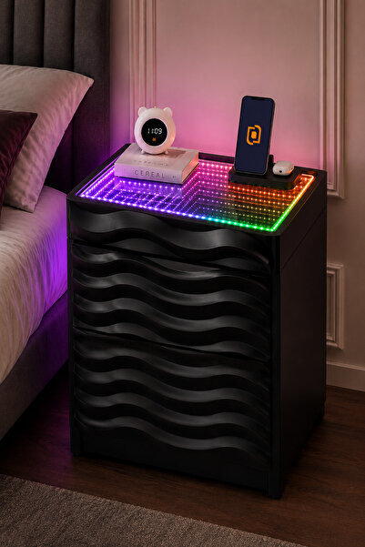 CEBESE Komodin 3D LED Işıklı Kumandalı RGB Ledli Modern - Siyah Renk