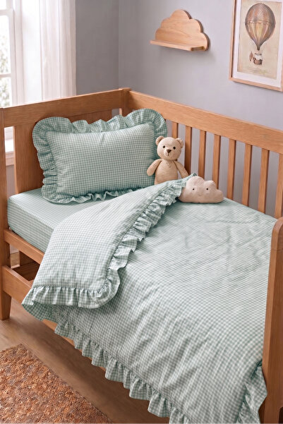 Miruza Ev Tekstili Vintage Ruffled Baby Bedding Set |   100% Cotton Gingham P...
