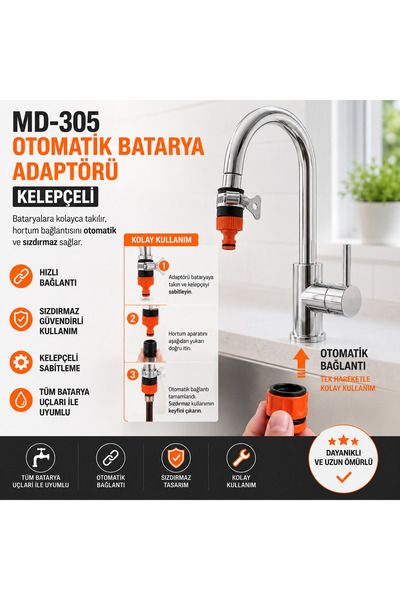 DESIPHON Kelepçeli Otomatik Batarya Adaptörü Musluk Ucu Hortum Bağlantı Apara...