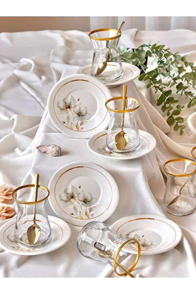 Yiğit Seramik Züccaciye Nevruz Model Gold Gilded 6-Person 12-Piece Luxury Tea...