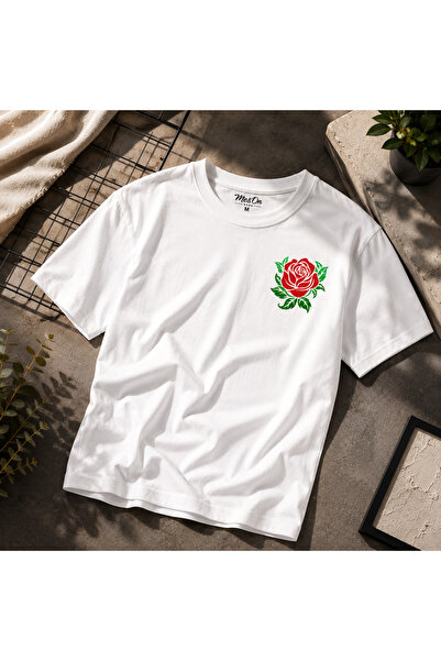 Me&On WEAR Basic Rose Printed T-Shirt 100% Cotton Crew Neck Short Sleeve Casu...