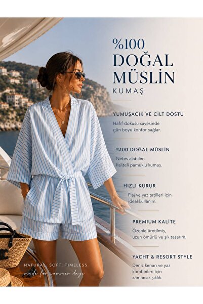 Maria Luisa Müslin Doğal Pamuk Kimono Şort Takım Plaj/Ev Giyim