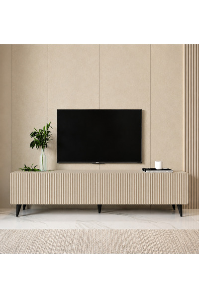 EGEALP MOBİLYA 160 cm TV Ünitesi Çizgili Kapaklı MDF AGT Kum Taşı Renk Modern...