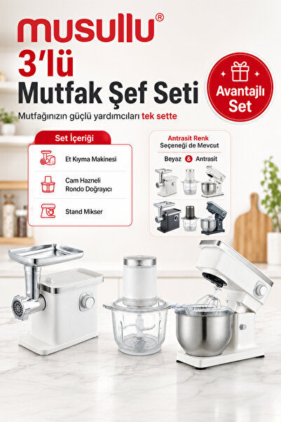 Musullu 3'lü Mutfak Şef Seti - Et Kıyma Makinesi, Cam Hazneli Rondo ve 5L Sta...