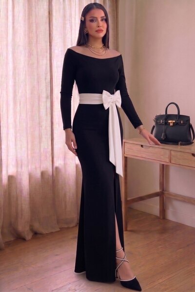 Aysan Moda Maxi Balık Slit White Bow Graduation Evening Dress