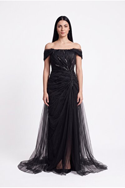 BDM Exclusive Premium Tül Drape Detaylı Straplez Uzun Abiye Elbise