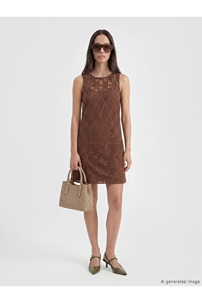 LC Waikiki Lcwaikiki Classic Brown Crew Neck Crochet Mini Dress