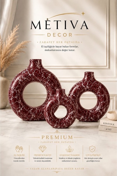 METİVA Lüks Bordo Beyaz Desenli 3'lü Donut Vazo Seti - Estetik Oda Aksesuarı ...