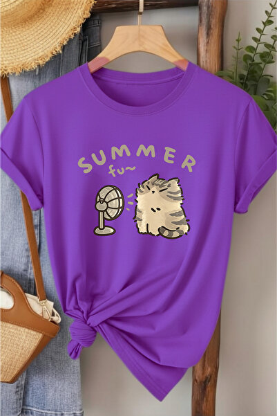l'eivor Summer Fan Cat Printed Women's Cotton T-Shirt
