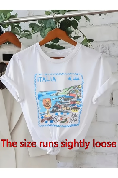 23 nisan Women's Coastal Vintage Stamp T-Shirt - Short Sleeve Round Neck Blou...