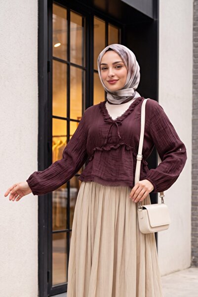 Modamorfo Balloon Sleeve Lace Detailed Viscose Blouse with Elastic Waist - Plum