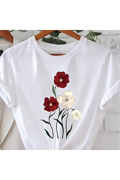 1001 Line A Red and White Floral Print TShirt, Solid Color Base Suitable Home...