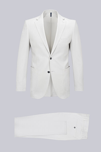 Hatemoğlu Bej Slim Fit Çizgili Mono Yaka Takım Elbise