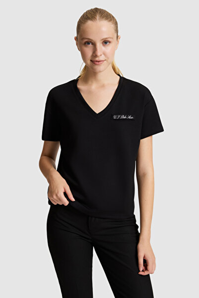 U.S. Polo Assn. Kadın Siyah V Yaka Tişört 50323493-VR046