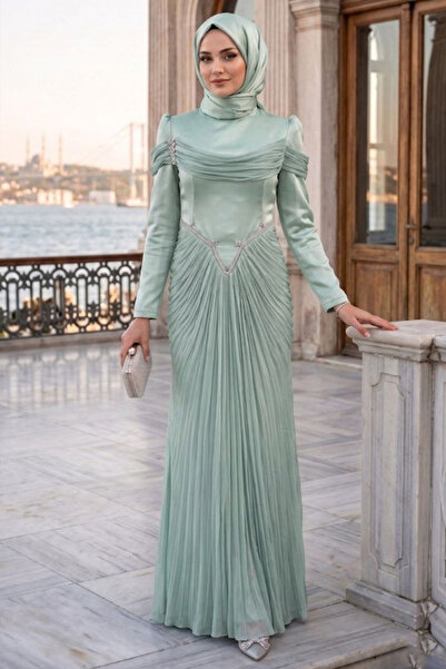 N.S NEVA STYLE Drapeli Mint Tesettür Abiye Elbise 70136MINT