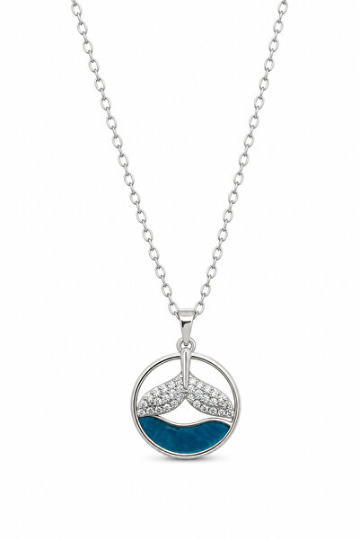 Jack Ferrero Steel Whale Tail Necklace with Zircon Stone and Turquoise Enamel...
