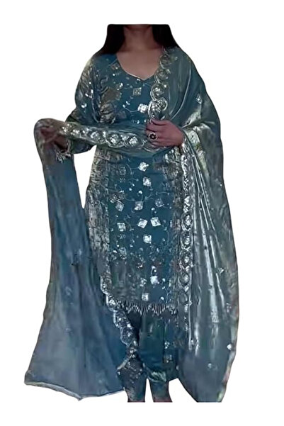 MYSMAR Blue Fandy Crush Silk Embroidered Dhoti Salwar Set - HRT6512 | Blue