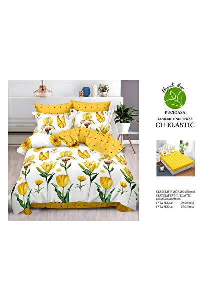 naniland.ro Lenjerie de Pat Bumbac Satinat 2 Persoane 6 Piese cu Elastic 180x...