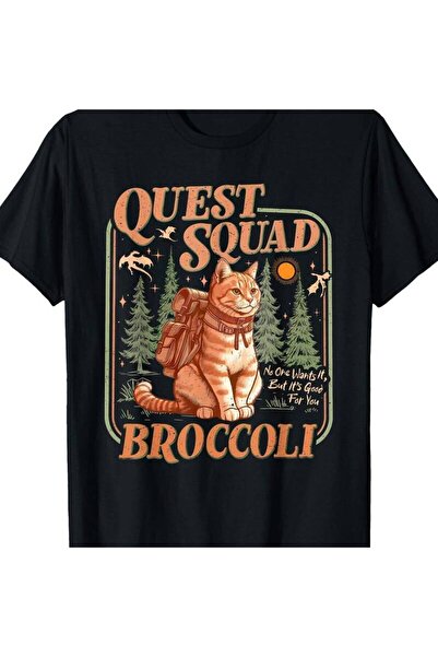 212Wear تي شيرت Quest Fantasy Squad Broccoli Cat Funny برقبة دائرية وطباعة أن...