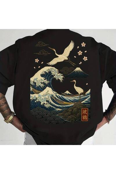 BASEPULSE Japanese Ukiyo-e Wave Crane T-Shirt - Loose-Fit Round Neck Summer S...