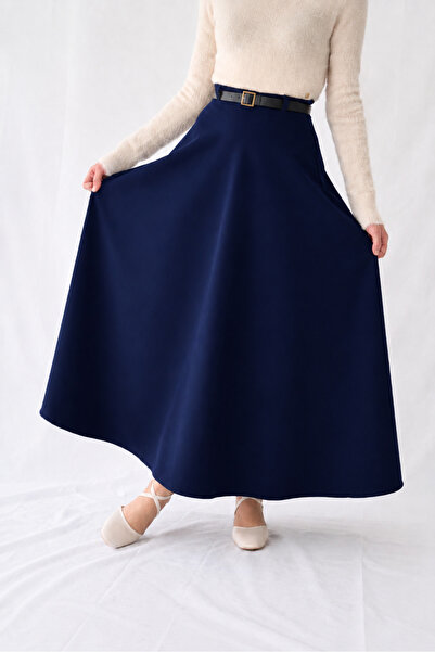 YAXİ Dark Blue Woven High Waist Maxi Length Flared Skirt