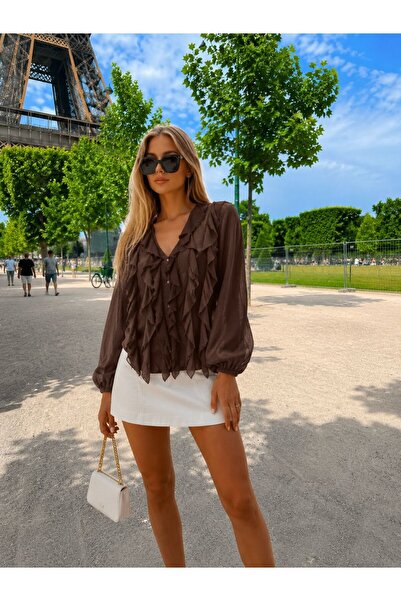 qeteen Very Stylish Blouse with Ruffles on the Front and Tencel Fabric Spanis...