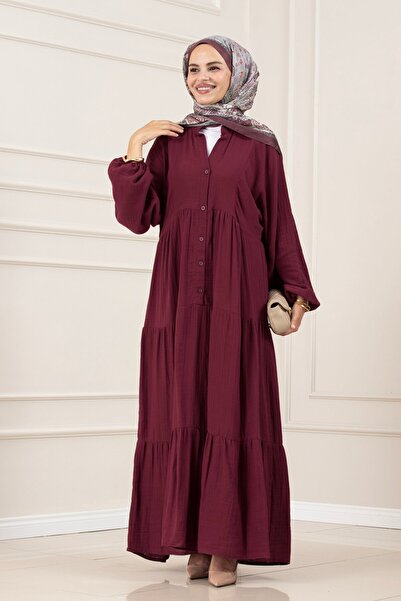 Sevitli Muslin Fabric Robalı İvana Dress-Bordo