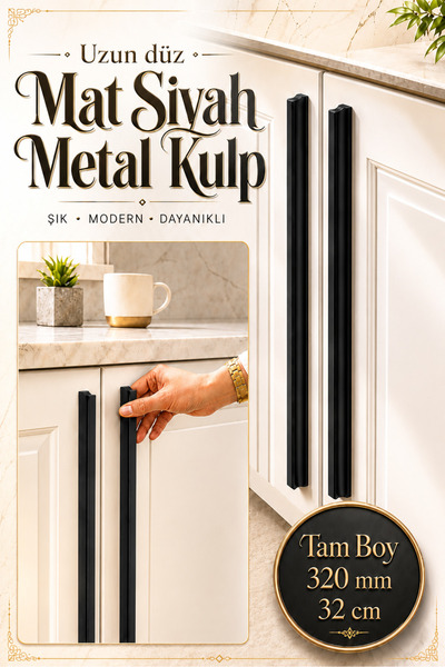 Badem10 Özen Mat Siyah 320 mm Mobilya Kulpu Uzun Çekmece Dolap Kapak Kulp Mod...