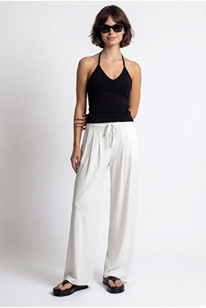 Mixray 2116 Women's High Waist Wide Leg Modal Textured Trousers White
