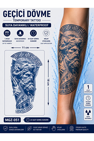 medink tattoo 1 Ay Kalıcı Sonradan Kararan 11X 18 cm Poseidon model geçici dö...