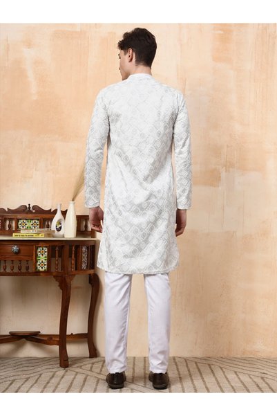 Devoiler Mens White Silver Jari Work Cotton Kurta Set