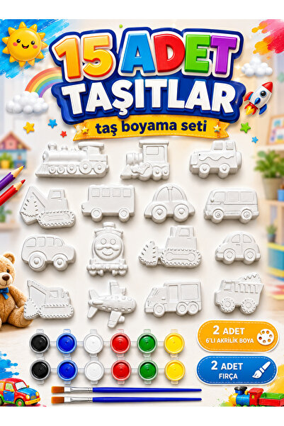 Atölye yüksel 15 Adet Taşıtlar Taş Boyama Seti = 15 Adet Taşıt Temalı Taş + 2...