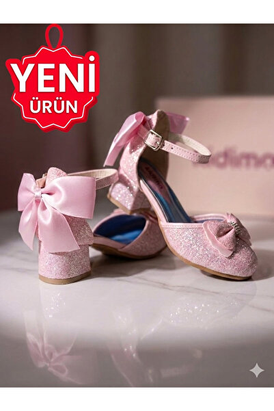 PATİK BEBE Girls' Pink Shiny Bow-Tie Mini Comfortable Heels Stylish Dressy Shoes