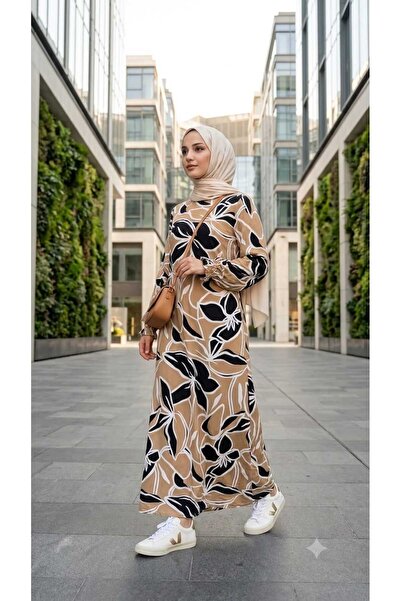 Asel Women's Patterned Woven Viscose Fabric Long Hijab Dress