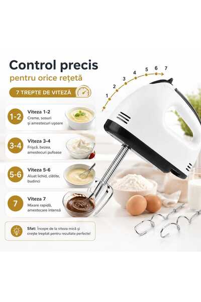 ANY SHOP MARKET Mixer de mână electric 260W, 7 trepte de viteză, 4 accesorii incluse, 2 teluri și 2 cârlige pentru frământare, design ergonomic, mixer pentru creme, frișcă, aluat și prăjituri, Alb