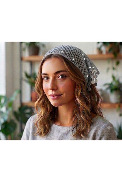 Masal Örgü Dünyası Bohem Paillette Gray Bandana