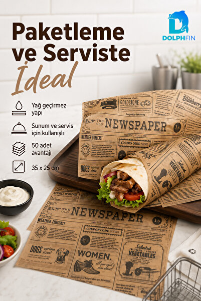 DolphFin Gazete Desenli Sunum Kağıdı 50 Adet 35x25 cm Yağ Geçirmez Hamburger ...