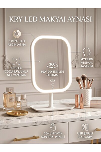 KRY LED Işıklı USB Şarjlı Dokunmatik Makyaj Aynası Pembe/Beyaz – 3 Renk Işık ...