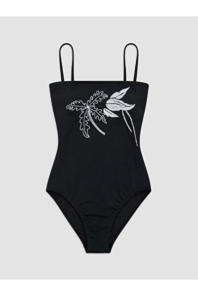 LC Waikiki Lcw Dream Black String Strap Embroidered Women's Swimsuit with Rem...