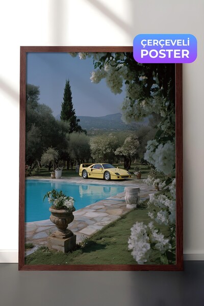 Postifull Poster cu peisaj cu mașină galbenă și piscină, poster cu ramă maro,...